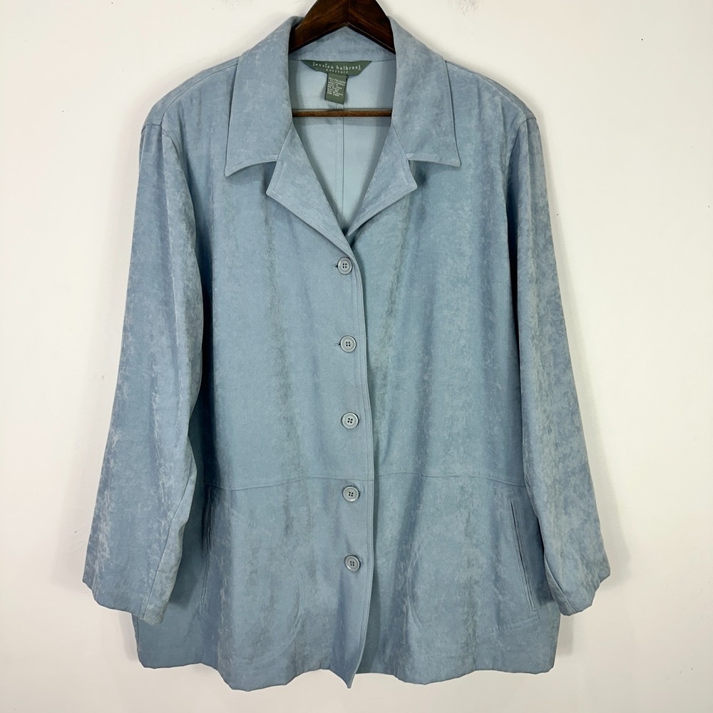 Jessica Holbrook Jacket 1X Blue Faux Suede Button Blazer Coat Minimalist Career